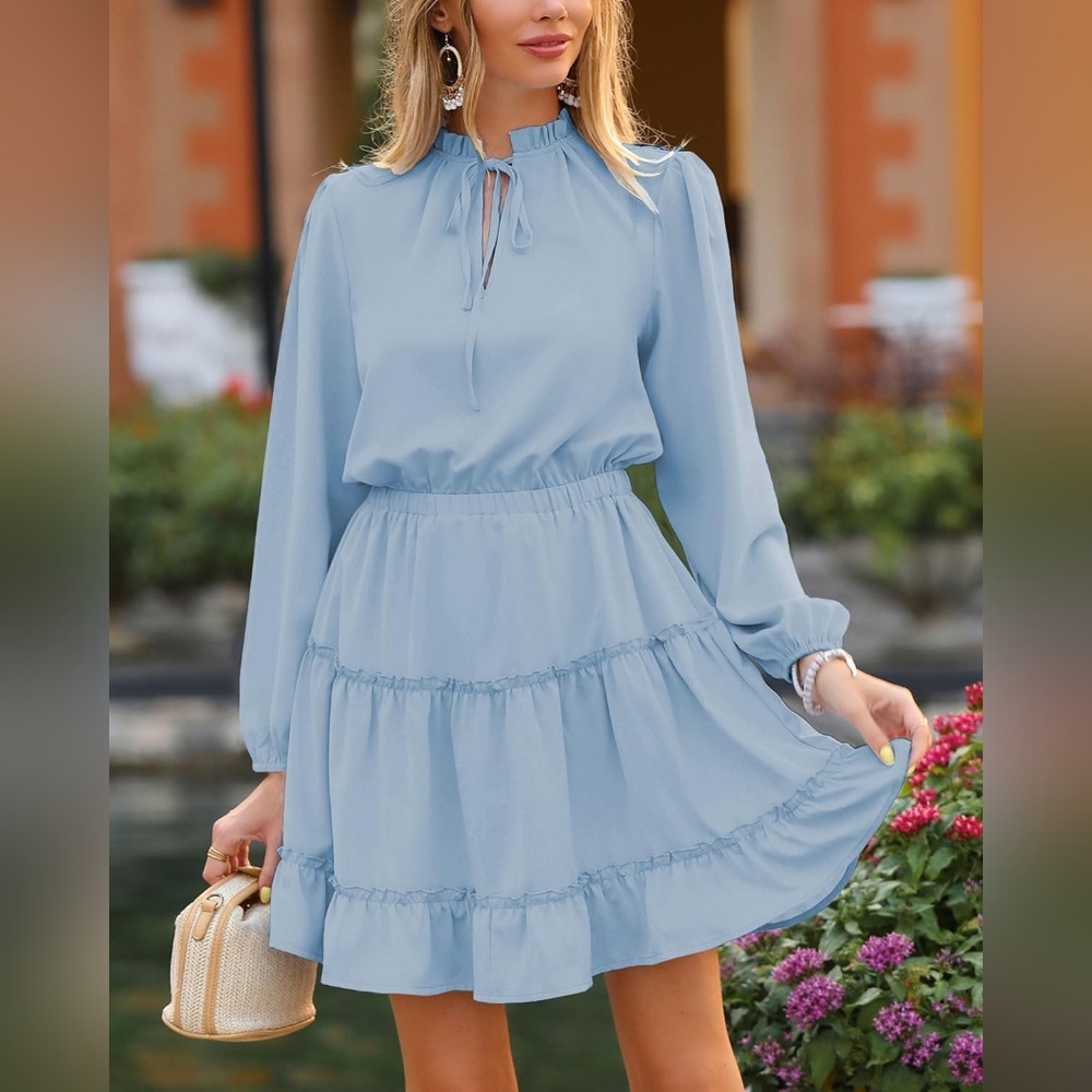 Women Casual Dress Tie VNeck Long Sleeve High Waist Ruffle NWT Large Fall Dress - Picture 6 of 6